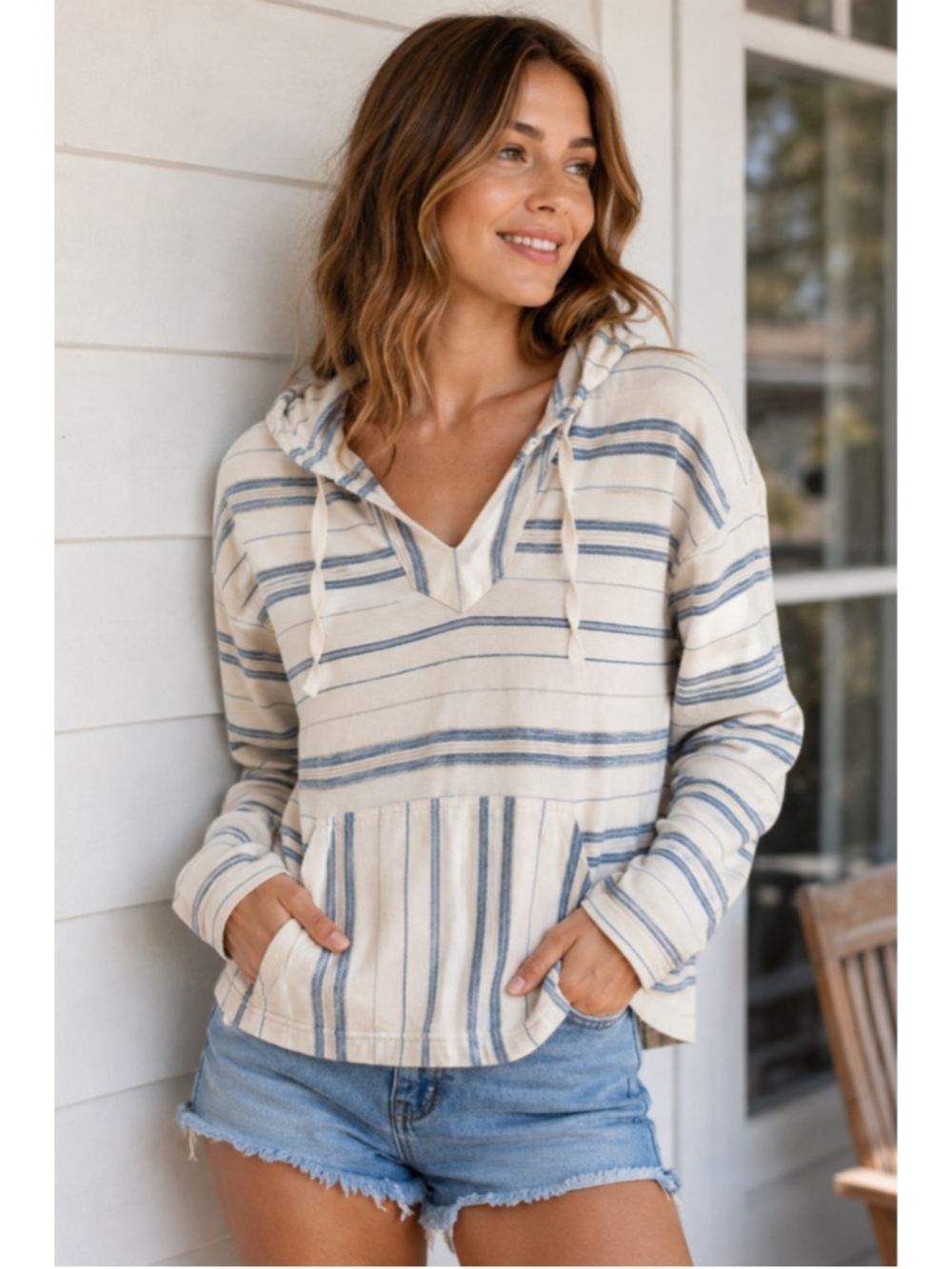 Roots Striped Hoodie XS Cream Blue Lightweight Cotton Beach Pullover
